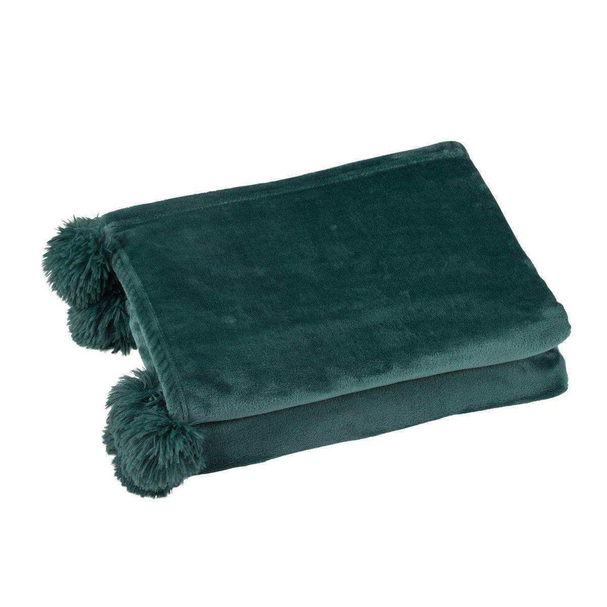 J-Line Plaid Pompom – Polyester – dunkelgrün – 170 x 130 cm - HomeDesign Knaus