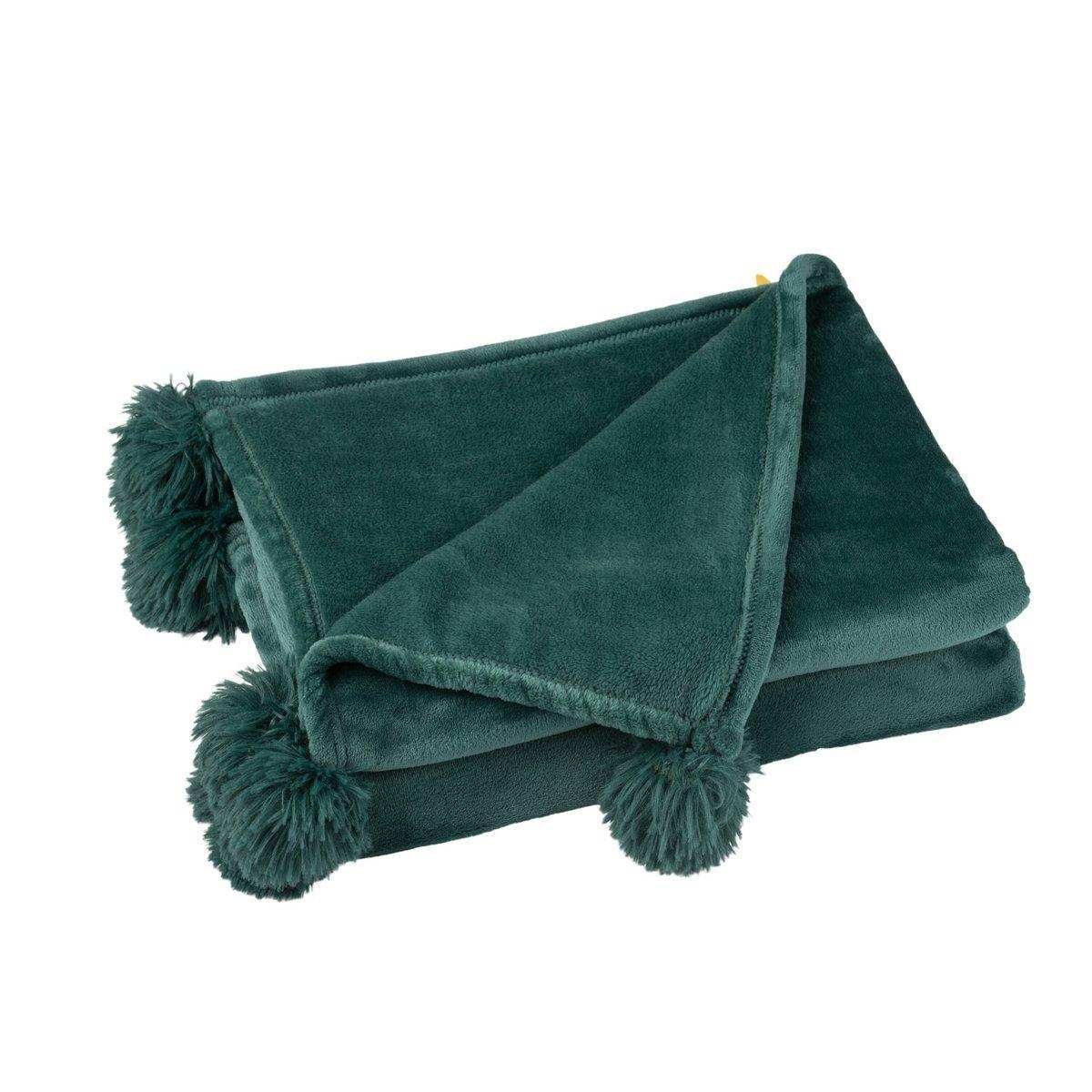 J-Line Plaid Pompom – Polyester – dunkelgrün – 170 x 130 cm - HomeDesign Knaus