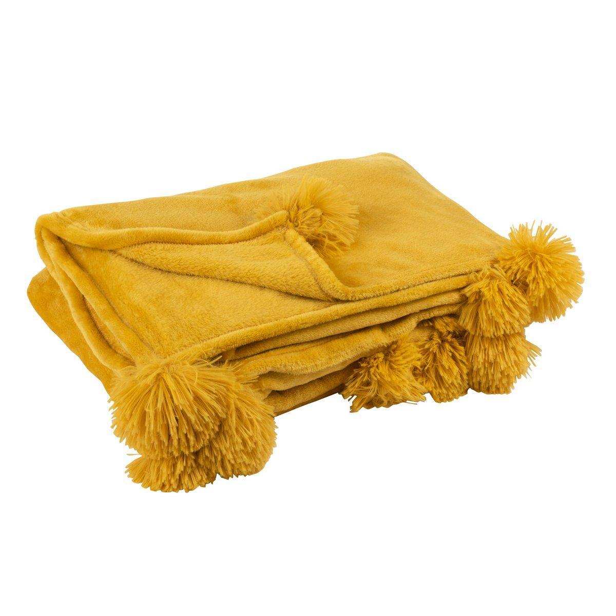 J-Line Plaid Pompom – Polyester – Oker – 170 x 130 cm - HomeDesign Knaus