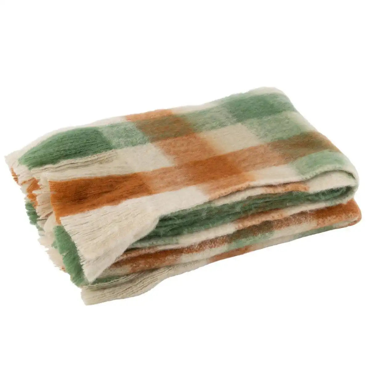 J-Line Plaid Ruitjes+Franjes Acryl Weiß/Grün/Braun - HomeDesign Knaus