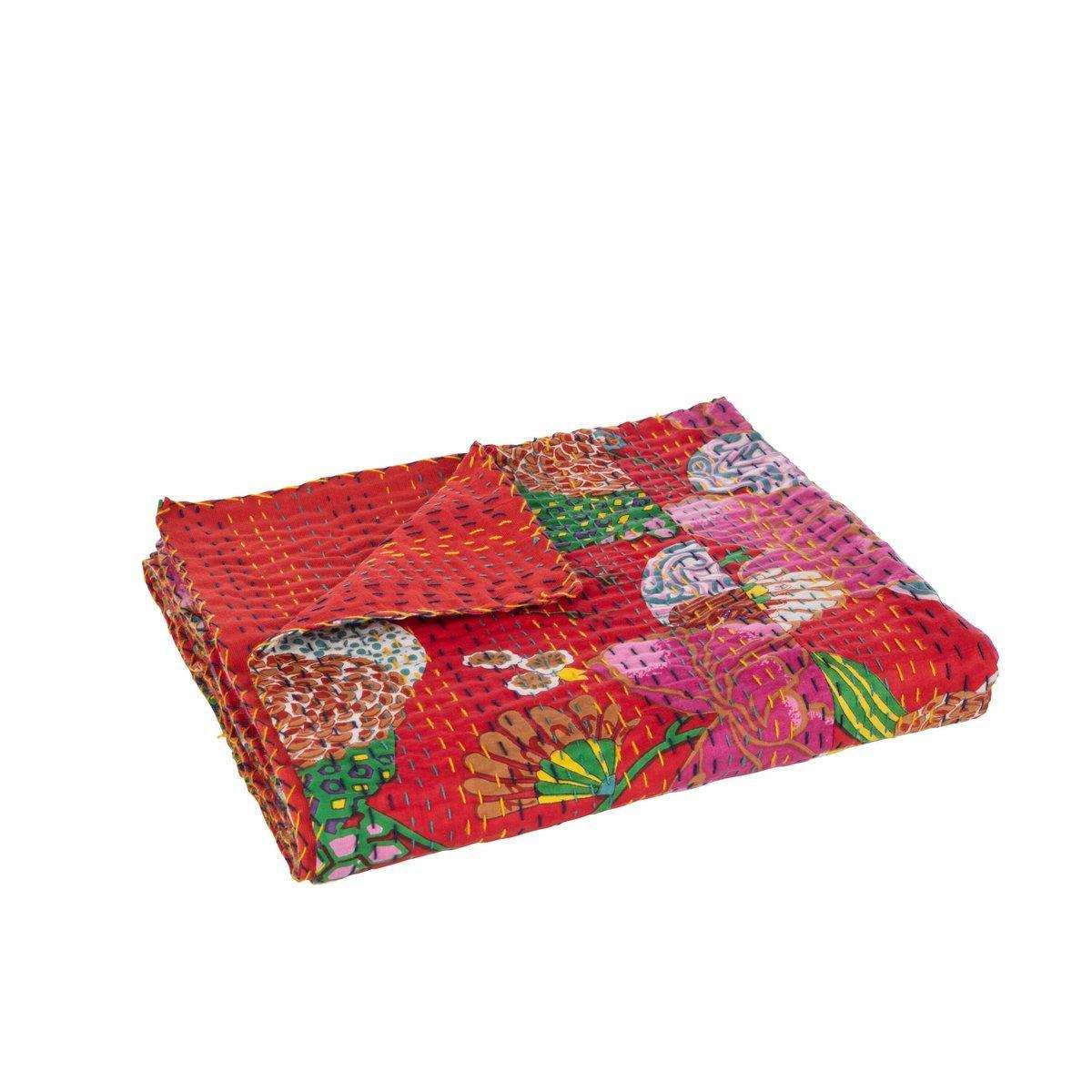 J-Line Plaid/Strangmatte Blumen+Stiche Baumwolle Rot Klein - HomeDesign Knaus