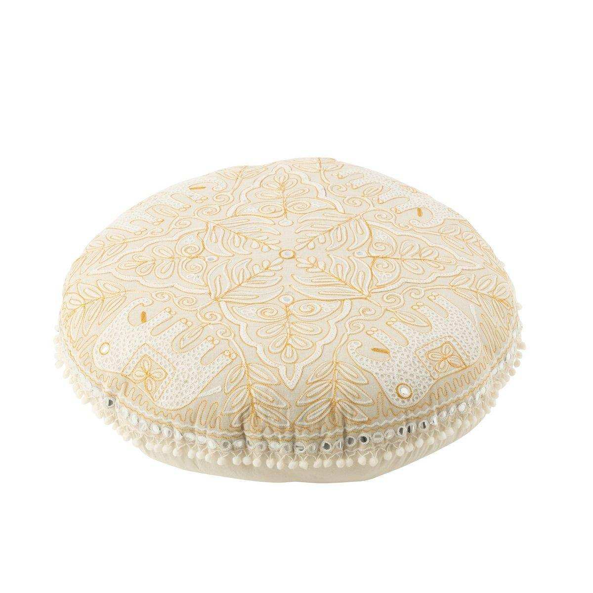 J-Line Pouf Round Flat Elephants + Mirrors Cotton Cream/Gold Large - HomeDesign Knaus