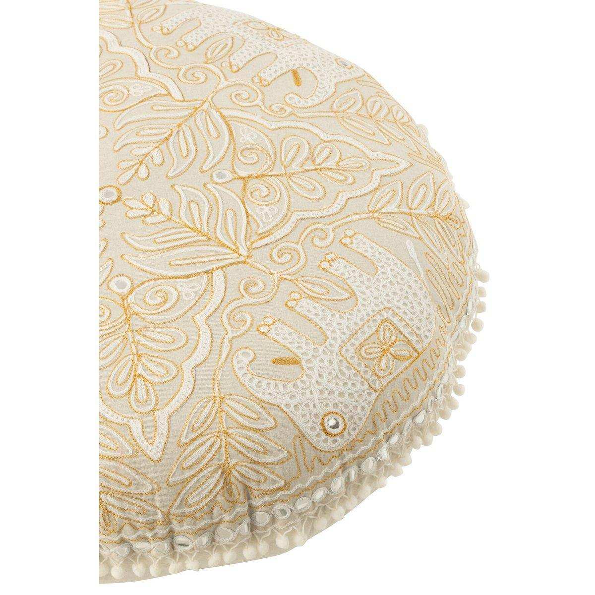 J-Line Pouf Round Flat Elephants + Mirrors Cotton Cream/Gold Large - HomeDesign Knaus