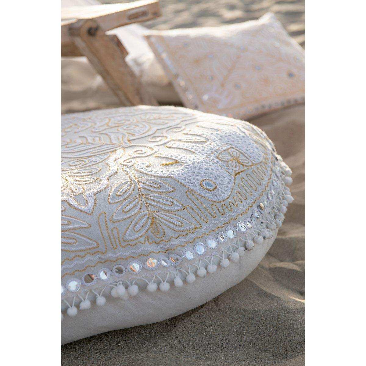 J-Line Pouf Round Flat Elephants + Mirrors Cotton Cream/Gold Large - HomeDesign Knaus