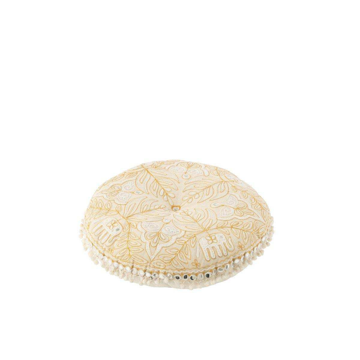 J-Line Pouf Round Flat Elephants + Mirrors Cotton Cream/Gold Small - HomeDesign Knaus