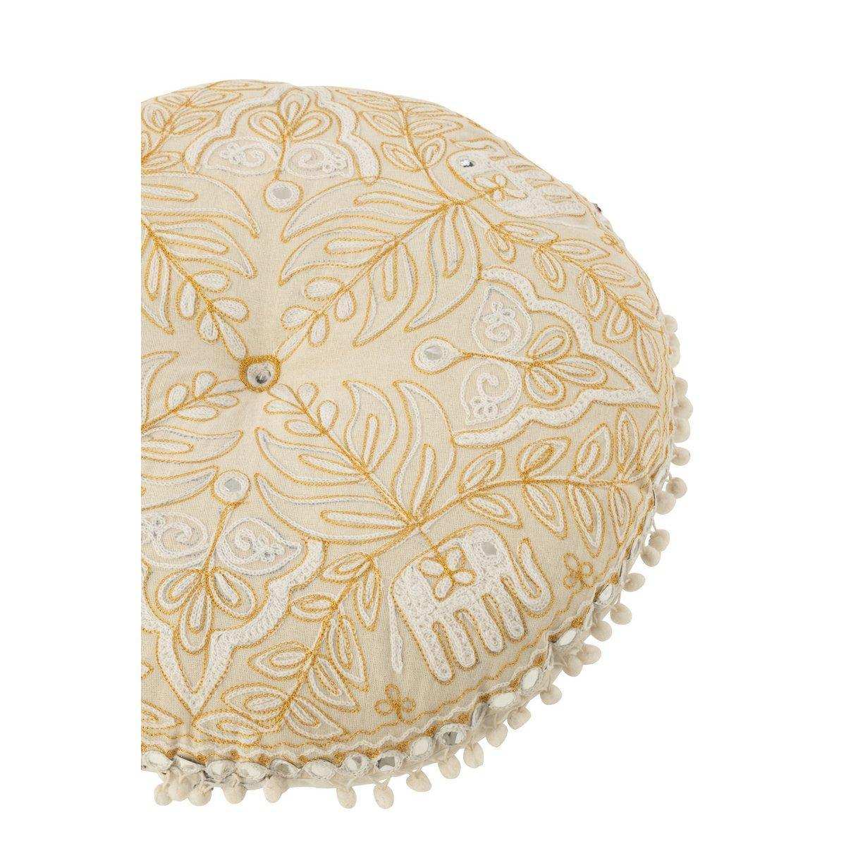 J-Line Pouf Round Flat Elephants + Mirrors Cotton Cream/Gold Small - HomeDesign Knaus