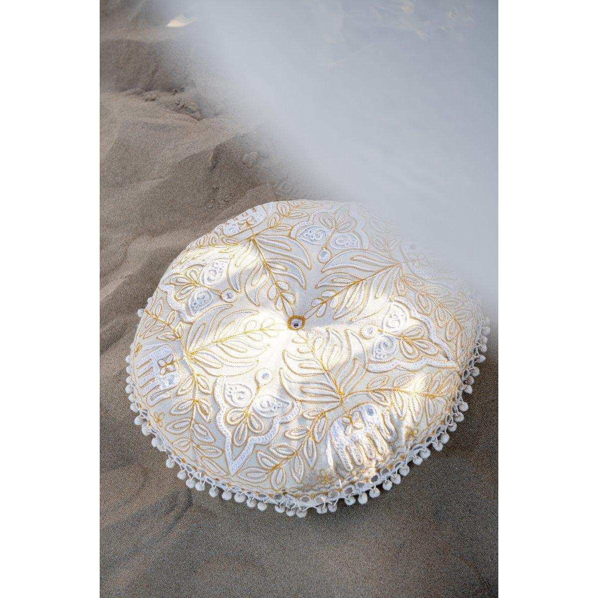 J-Line Pouf Round Flat Elephants + Mirrors Cotton Cream/Gold Small - HomeDesign Knaus