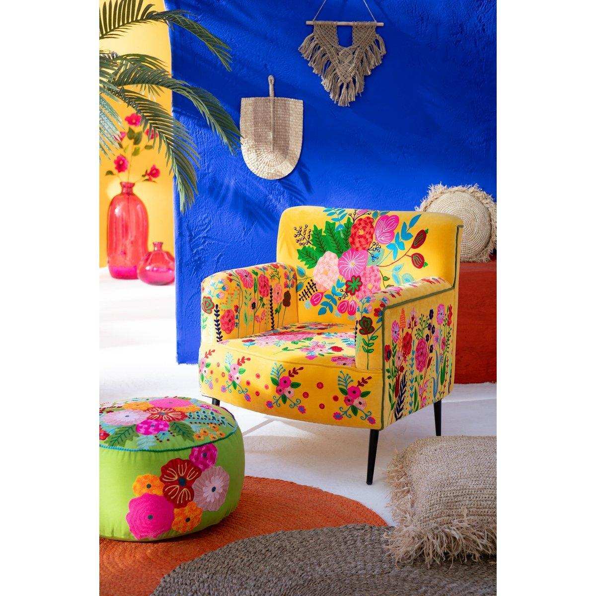 J-Line Pouf Runde Blumen bestickt Baumwolle/Polyester Grün - HomeDesign Knaus