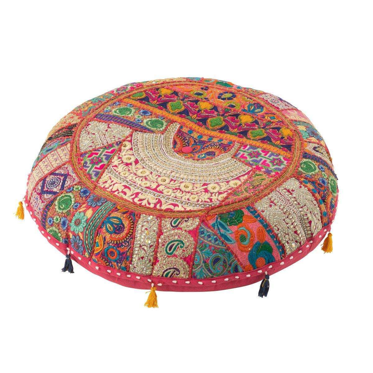 J-Line Pouf Runde flache Muster + Quasten Baumwolle Rosa - HomeDesign Knaus