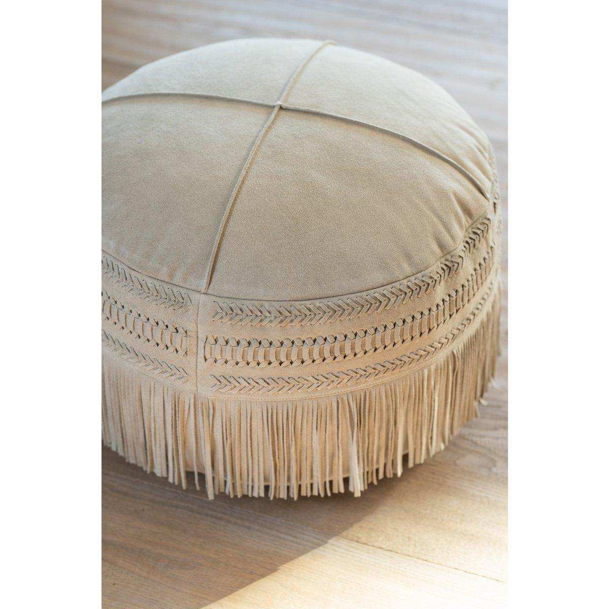 J-Line Puff Fransen rund Leder hellgrau - HomeDesign Knaus