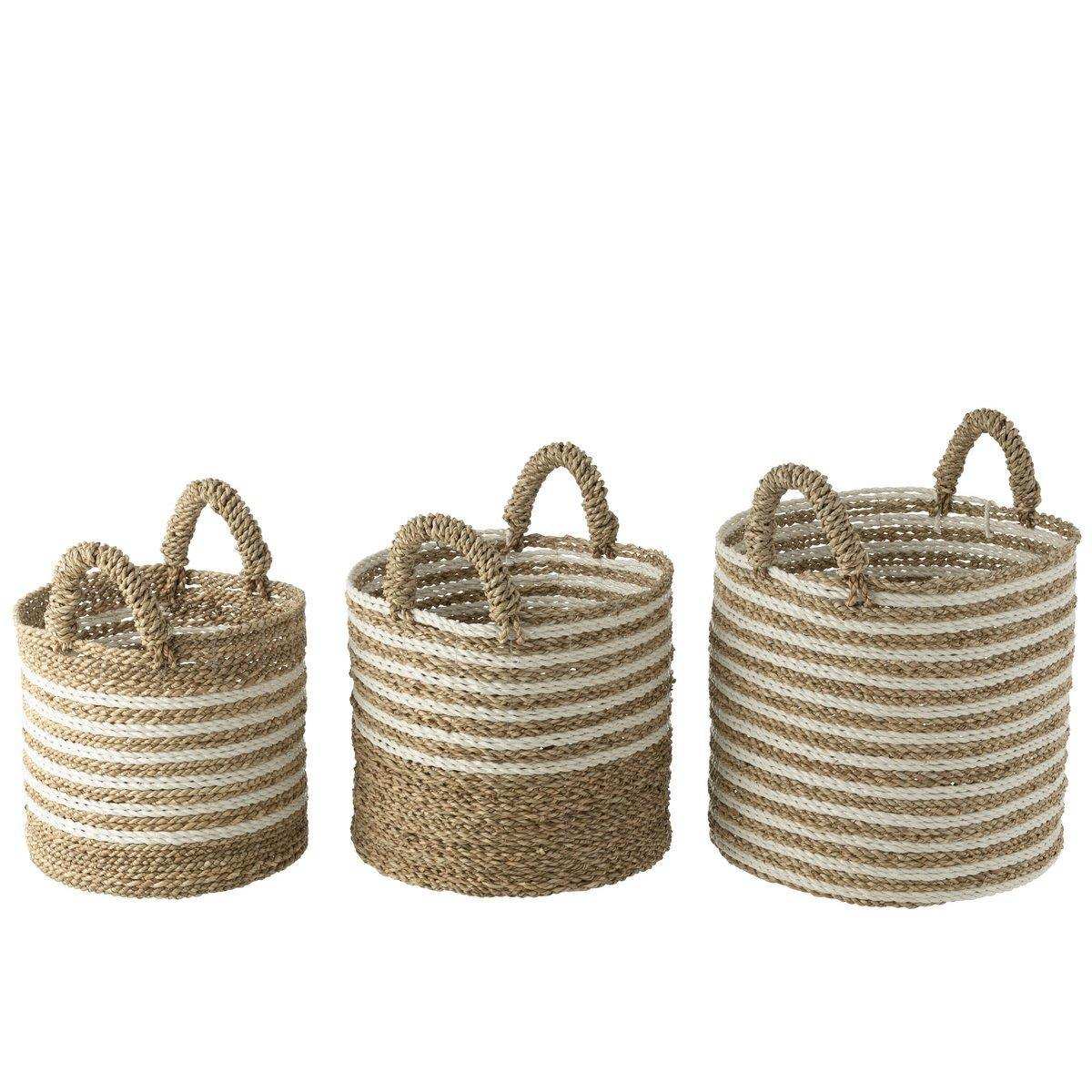 J-Line Set aus drei Körben, gestreift, Bast, Weiß/Natur - HomeDesign Knaus