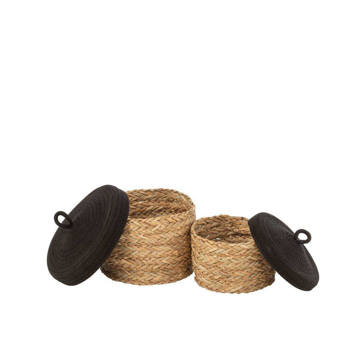 J-Line Set mit 2 Körben + Deckel Rund – Gras/Baumwolle – Natur/Schwarz - HomeDesign Knaus