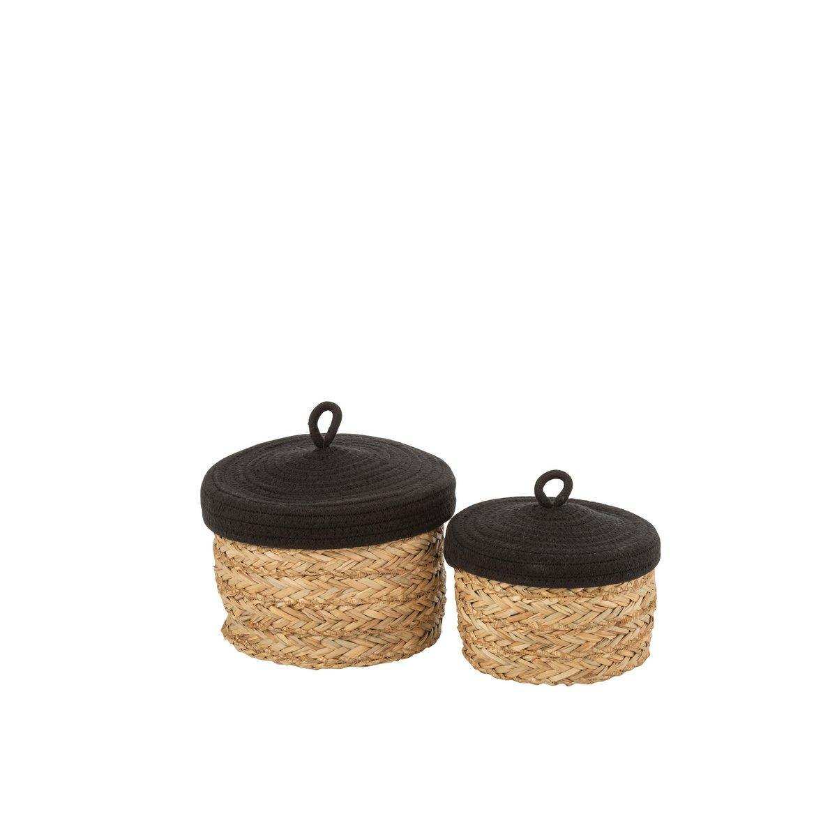 J-Line Set mit 2 Körben + Deckel Rund – Gras/Baumwolle – Natur/Schwarz - HomeDesign Knaus