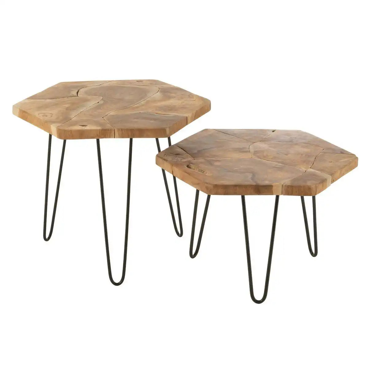 J-Line-Set von zwei Seitentisch-Hexagon-Teakholzholz/Metall Naturel - HomeDesign Knaus