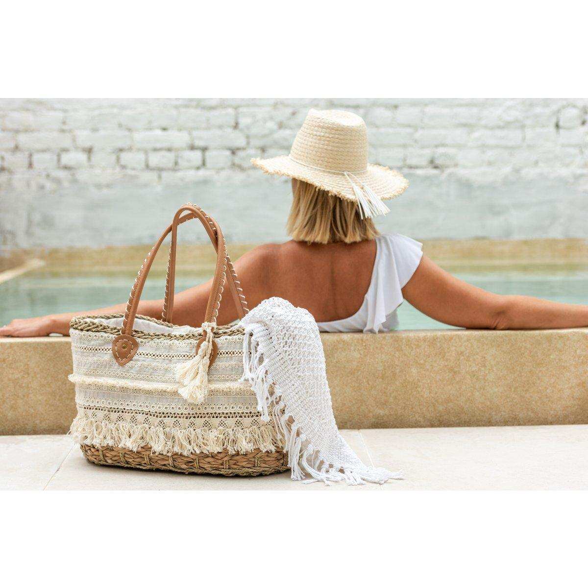 J-Line Strandtasche Spitze + Quaste Jute Natur/Weiß Klein - HomeDesign Knaus