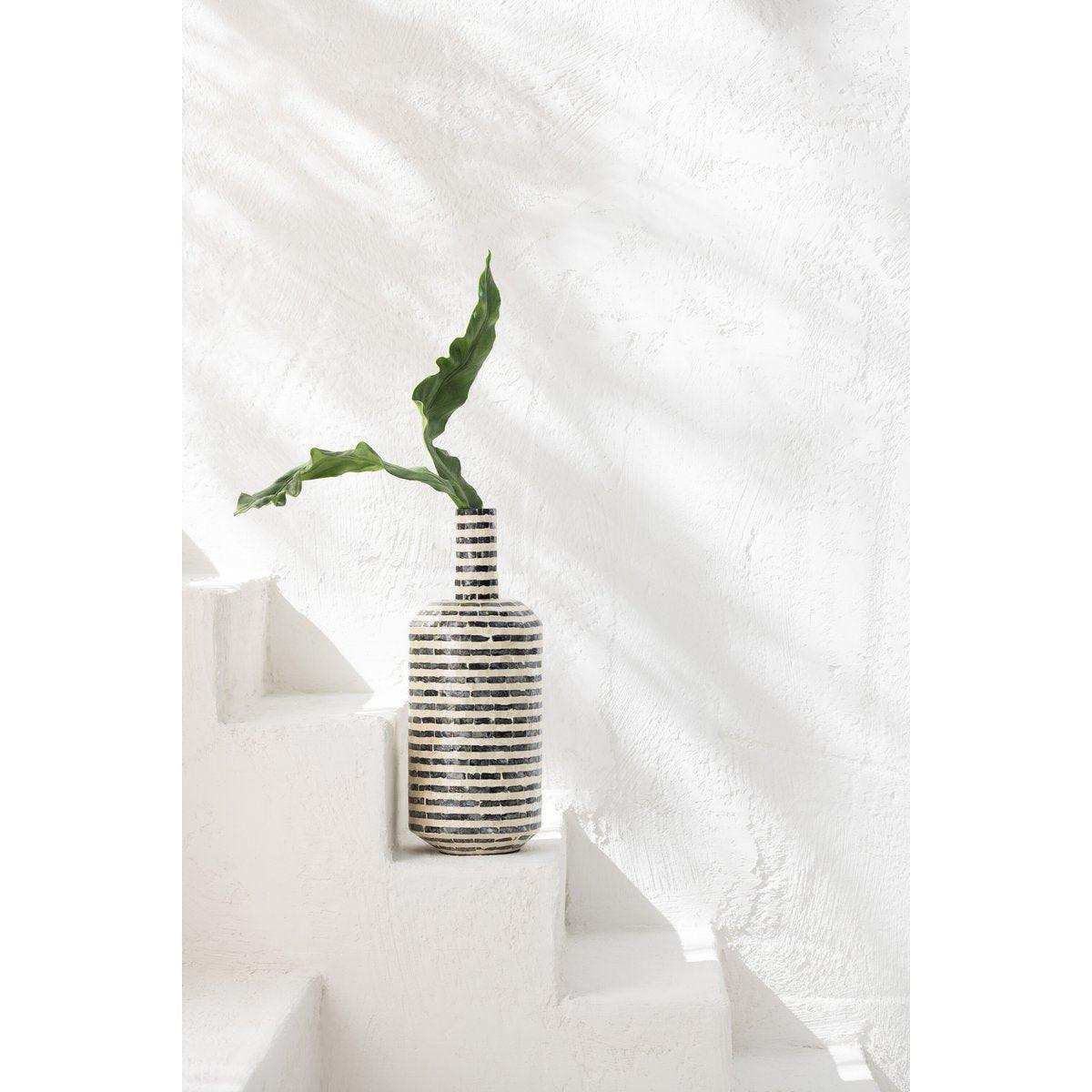 J-Line Vase Bottle Stripes - Muscheln/Bambus - Schwarz/Weiß - HomeDesign Knaus