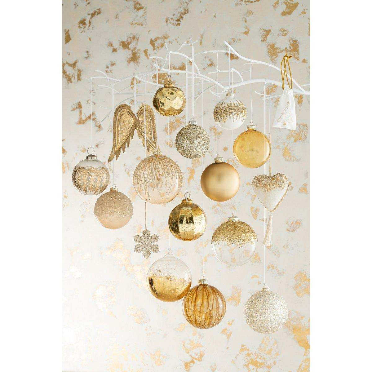 J-Line Weihnachtskugel, grobes Glitzerglas, Gold/Weiß, mittelgroß - HomeDesign Knaus