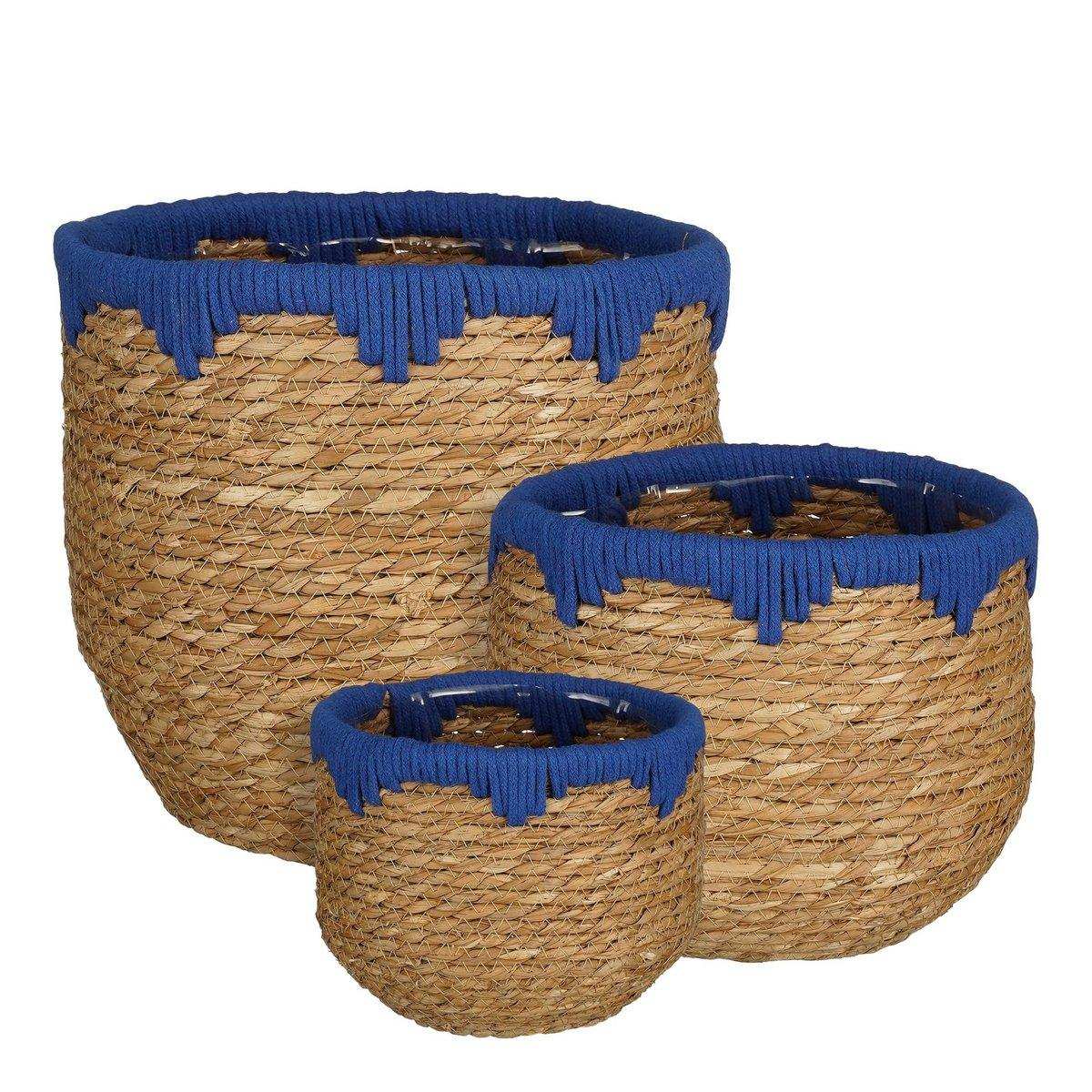 Jorck Pflanzkorb – 3er-Set – H24 x Ø26 cm – Seegras – Blau, Braun - HomeDesign Knaus