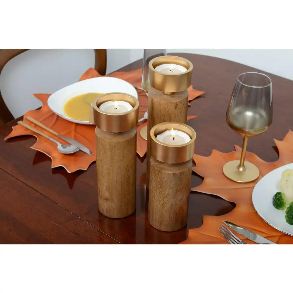 KERZENHALTER AUS HOLZ & GOLD METALL 23CM - HomeDesign Knaus