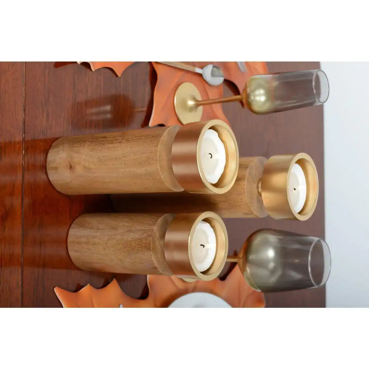 KERZENHALTER AUS HOLZ & GOLD METALL 27CM - HomeDesign Knaus