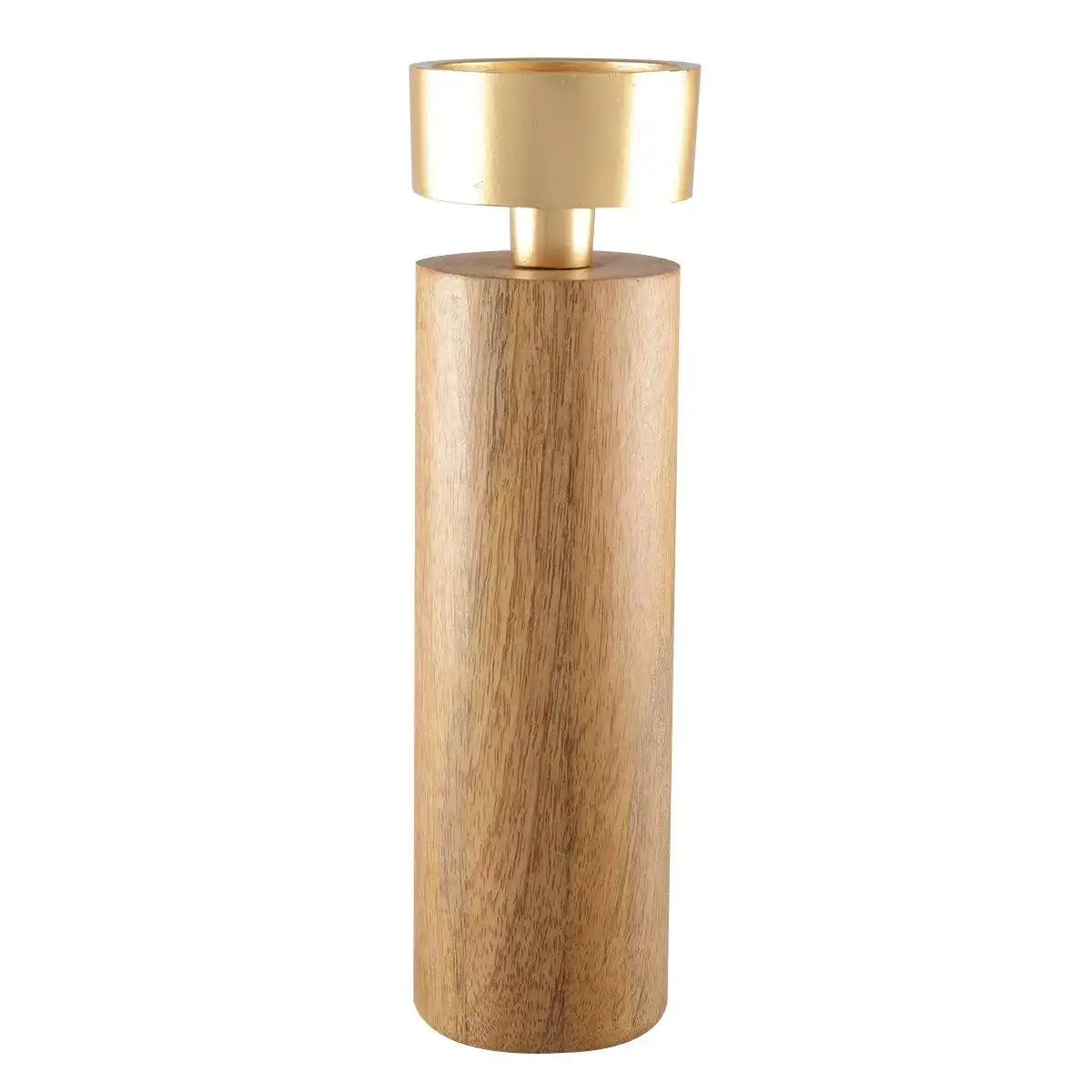 KERZENHALTER AUS HOLZ & GOLD METALL 27CM - HomeDesign Knaus
