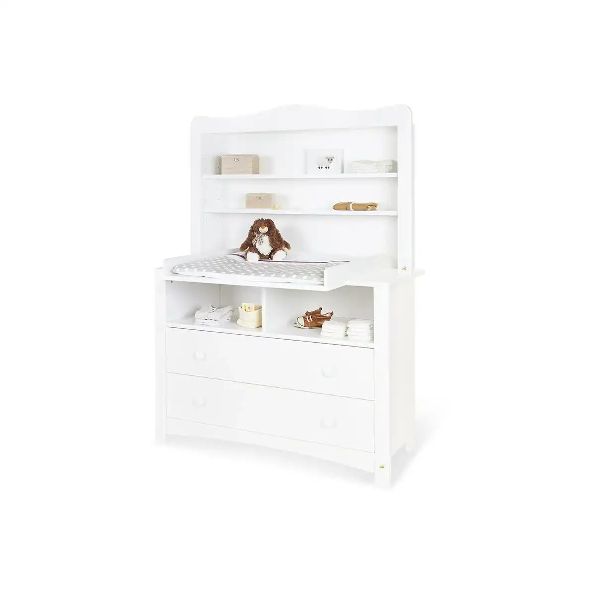 Kinderzimmer 'Florentina' extra breit groß, inkl. extra breites Regal
4-teilig: Kinderbett, extra breite Wickelkommode inkl. Extrabreites Regal, großer Kleiderschrank - HomeDesign Knaus