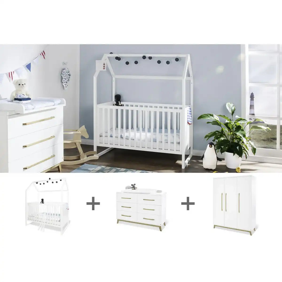 Kinderzimmer 'Hilda & Riva' extra breit groß, weiß
3-teilig: Kinderbett, extra breite Wickelkommode, großer Kleiderschrank - HomeDesign Knaus
