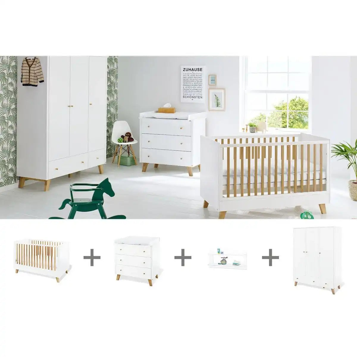 Kinderzimmer 'Pfanne' breit groß, inkl. Wandregal
4-teilig: Kinderbett, breite Wickelkommode, großer Kleiderschrank, Wandregal - HomeDesign Knaus