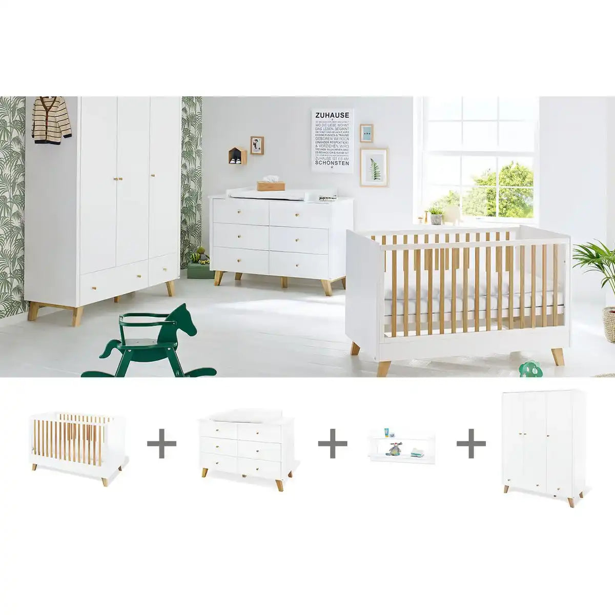 Kinderzimmer 'Pfanne' extra breit groß, inkl. Wandregal
4-teilig: Kinderbett, extra breite Wickelkommode, großer Kleiderschrank, Wandregal - HomeDesign Knaus