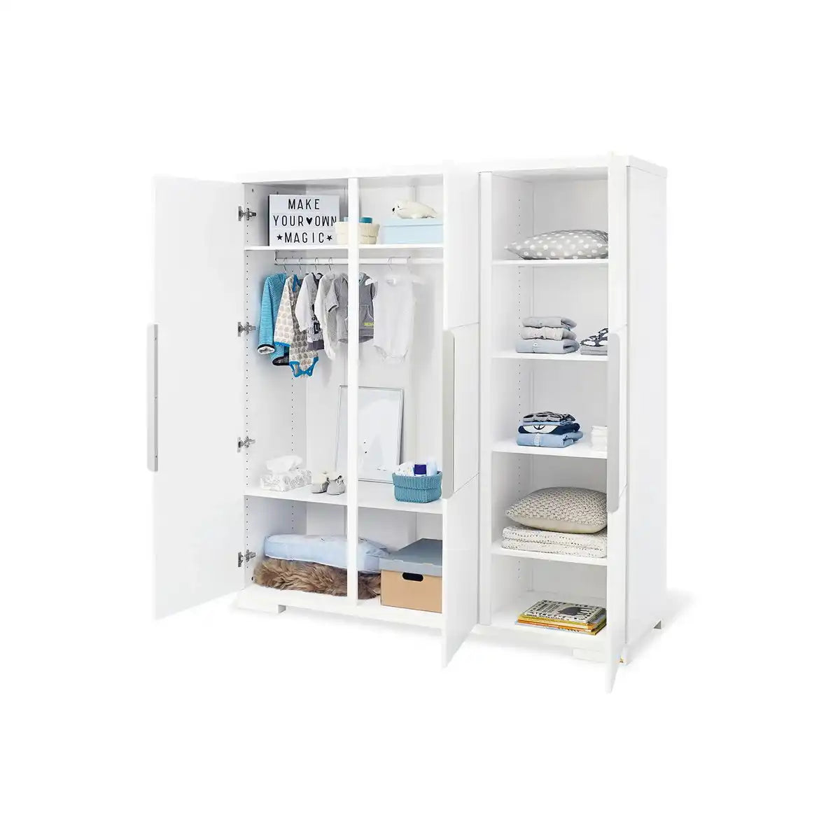 Kinderzimmer 'Polar' breit groß, inkl. Wandregal4-teilig: Kinderbett, breite Wickelkommode, großer Kleiderschrank, Wandregal - HomeDesign Knaus