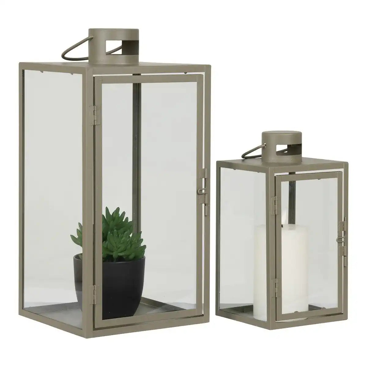 Korfu-Laternen – Grün, Stahl, Glas, 13/19,5 x 13/19,5 x 25,5/40 cm – 2er-Set - HomeDesign Knaus