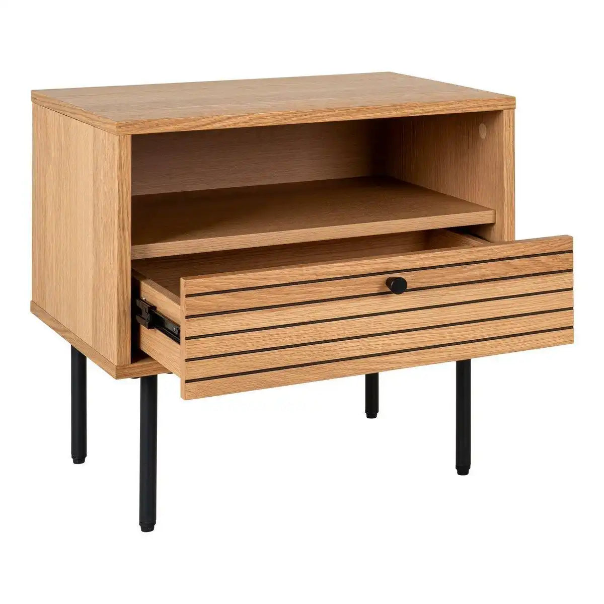Kyoto Beistelltisch – Beistelltisch, Eichenfurnier, schwarze Metallbeine, 1 Schublade, 50 x 40 x 50 cm - HomeDesign Knaus