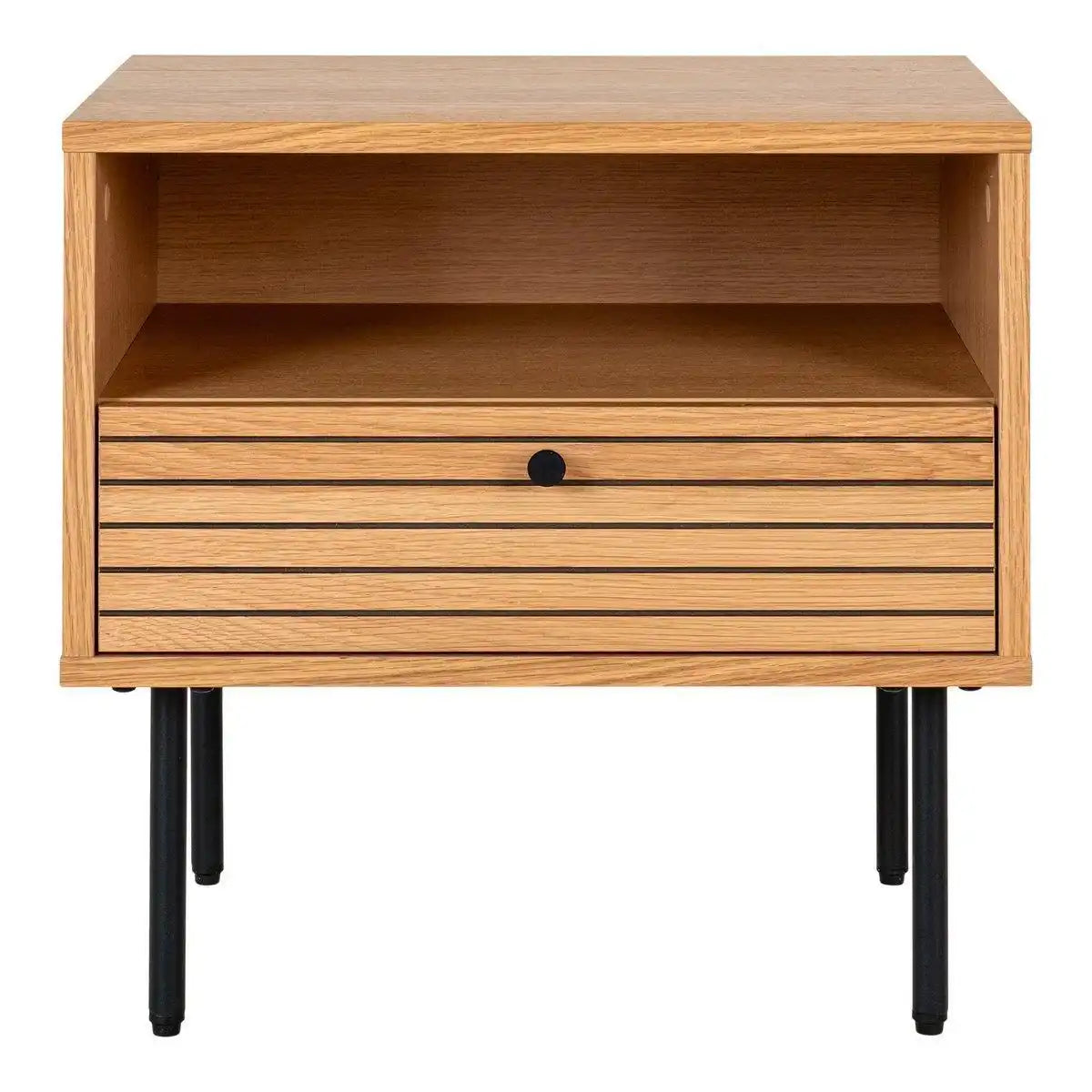 Kyoto Beistelltisch – Beistelltisch, Eichenfurnier, schwarze Metallbeine, 1 Schublade, 50 x 40 x 50 cm - HomeDesign Knaus
