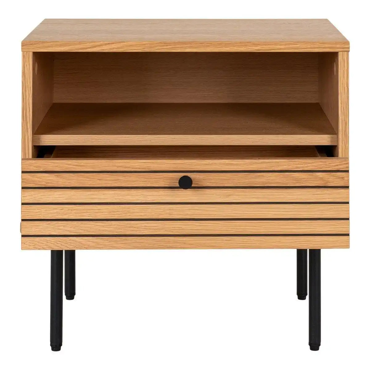 Kyoto Beistelltisch – Beistelltisch, Eichenfurnier, schwarze Metallbeine, 1 Schublade, 50 x 40 x 50 cm - HomeDesign Knaus