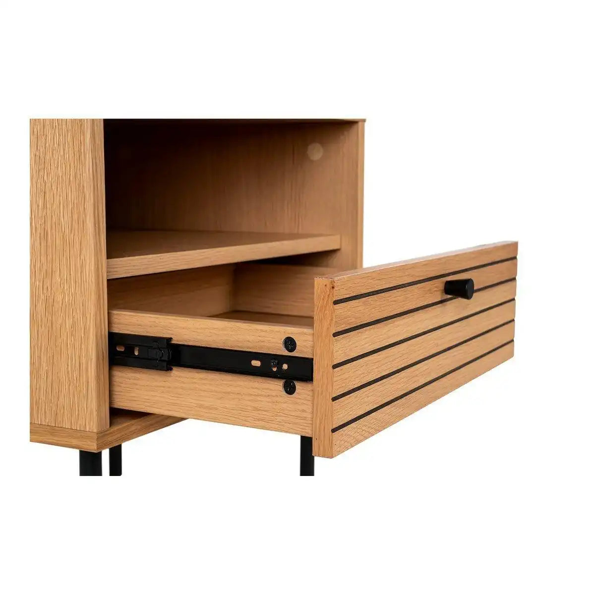 Kyoto Beistelltisch – Beistelltisch, Eichenfurnier, schwarze Metallbeine, 1 Schublade, 50 x 40 x 50 cm - HomeDesign Knaus