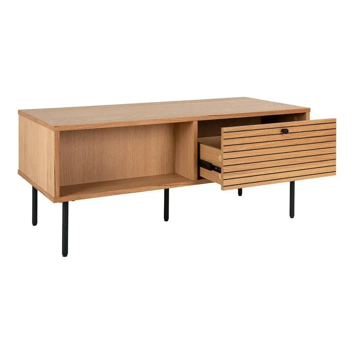 Kyoto Couchtisch – Couchtisch, Eichenfurnier, schwarze Metallbeine, 2 Schubladen, 50 x 100 x 45 cm - HomeDesign Knaus