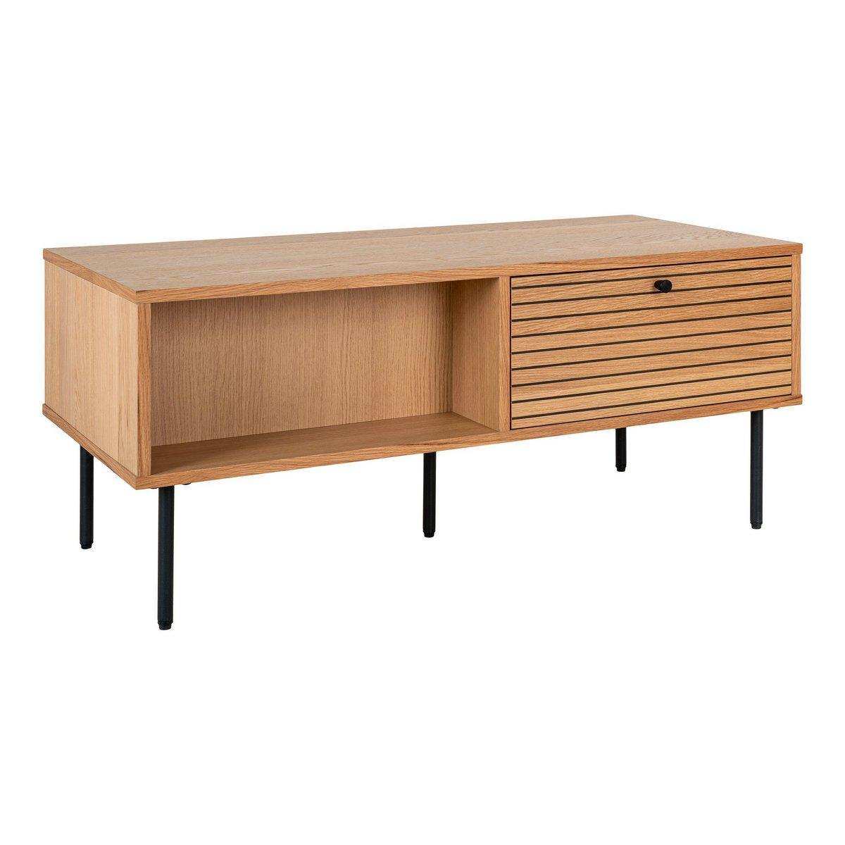 Kyoto Couchtisch – Couchtisch, Eichenfurnier, schwarze Metallbeine, 2 Schubladen, 50 x 100 x 45 cm - HomeDesign Knaus