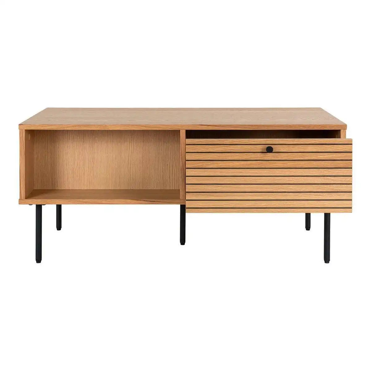 Kyoto Couchtisch – Couchtisch, Eichenfurnier, schwarze Metallbeine, 2 Schubladen, 50 x 100 x 45 cm - HomeDesign Knaus