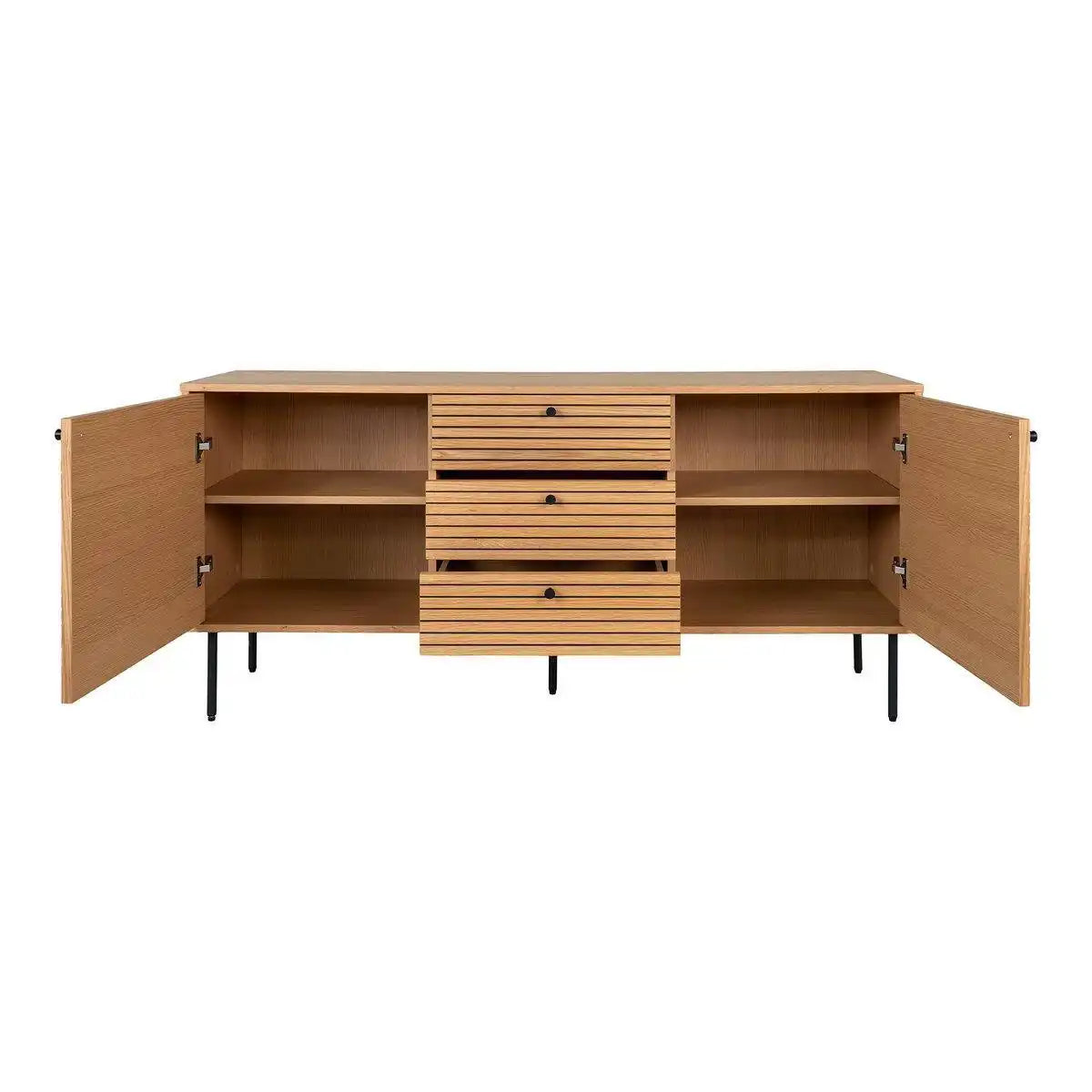 Kyoto Sideboard – Sideboard, Eichenfurnier, schwarze Metallbeine, 3 Schubladen und 2 Türen, 150 x 40 x 74 cm - HomeDesign Knaus