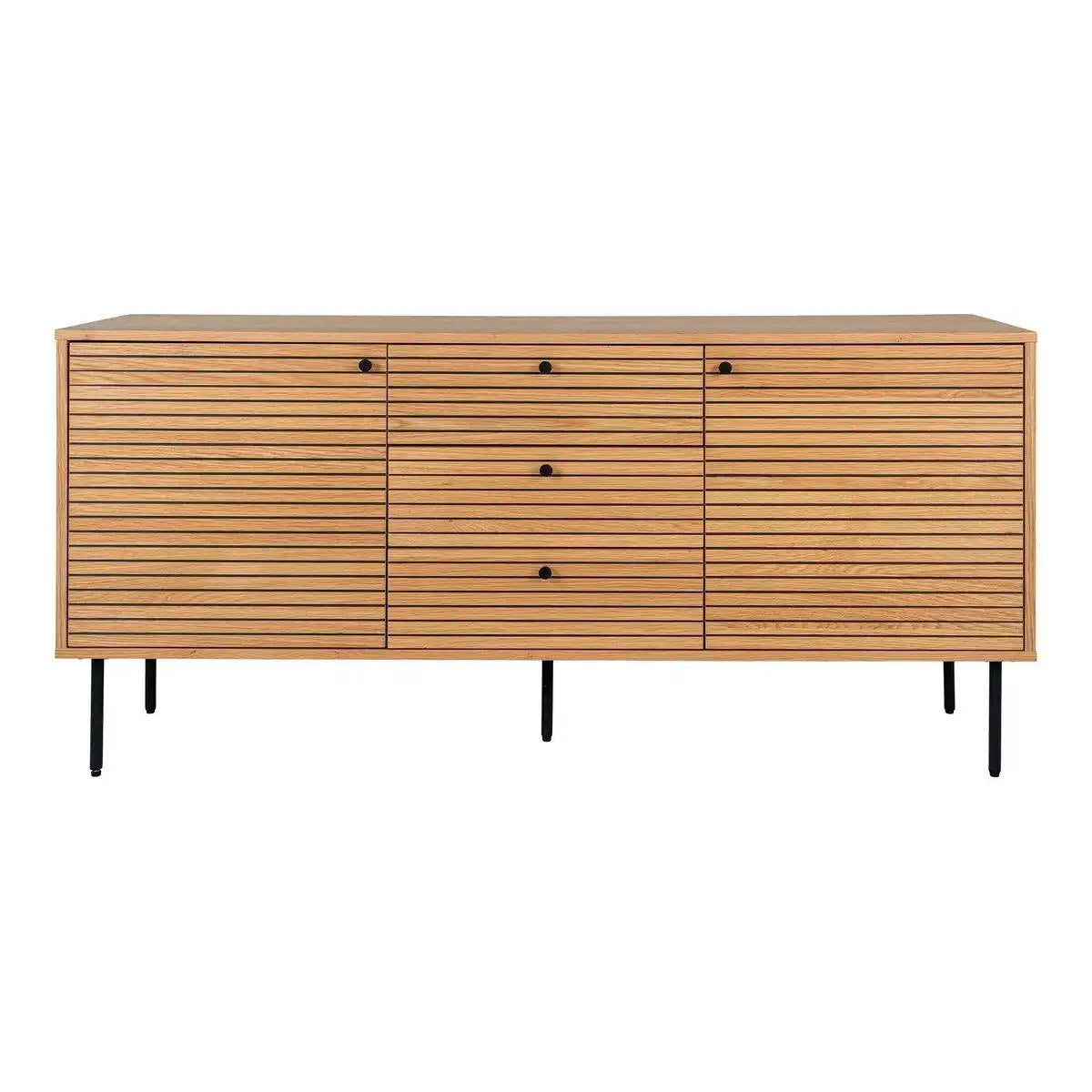 Kyoto Sideboard – Sideboard, Eichenfurnier, schwarze Metallbeine, 3 Schubladen und 2 Türen, 150 x 40 x 74 cm - HomeDesign Knaus