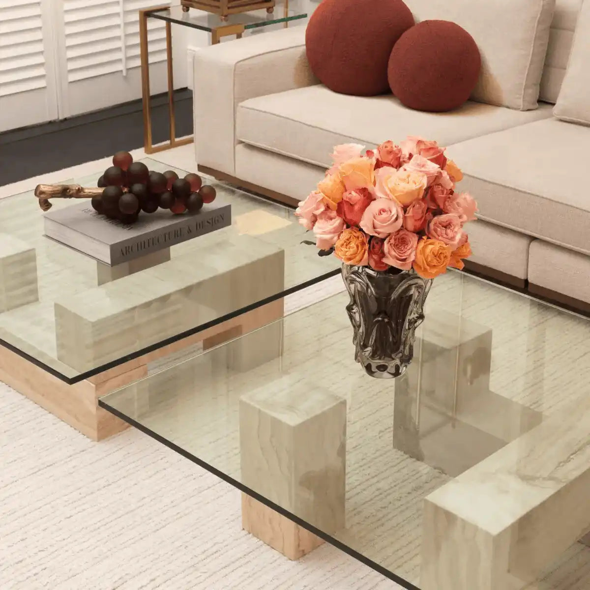 Luxus Ikal Couchtisch Travertin klare Glasplatte Handanfertigung - HomeDesign Knaus