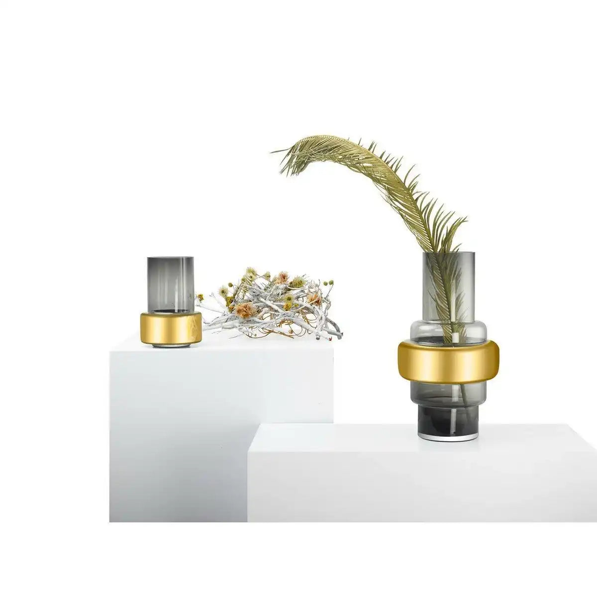 Luxusglas im Retro-Stil, grau + 24-karätige Goldvase XXL, TYLER 46GO, 9 mm dickes Glas - HomeDesign Knaus