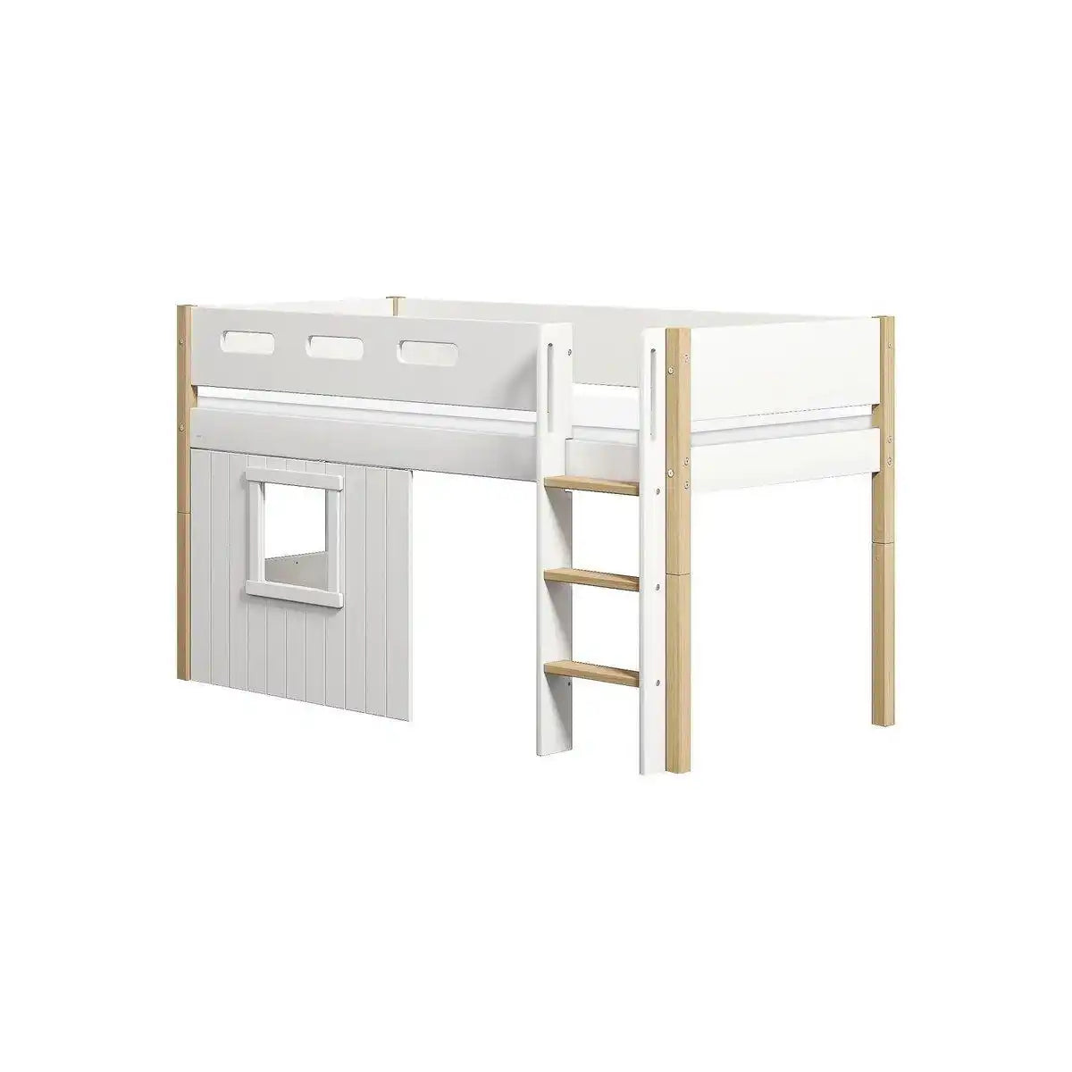 Mittelhohes Bett, str. Leiter & Baumhaus-Bettfronten, weißer Rahmen - HomeDesign Knaus