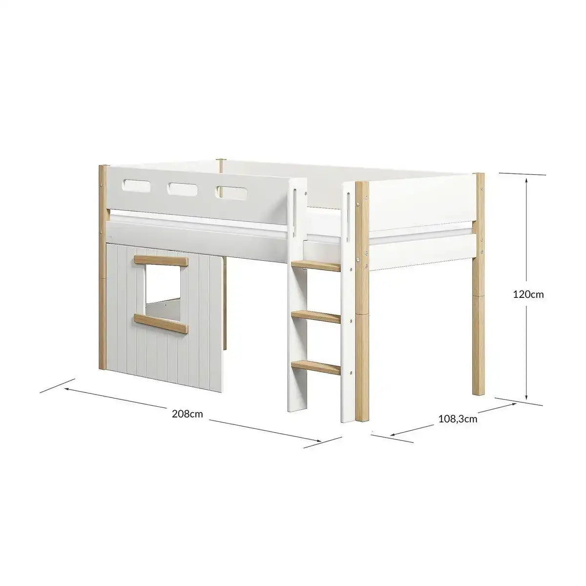 Mittelhohes Bett, str. Leiter- und Baumhaus-Bettfronten, Eichenrahmen - HomeDesign Knaus