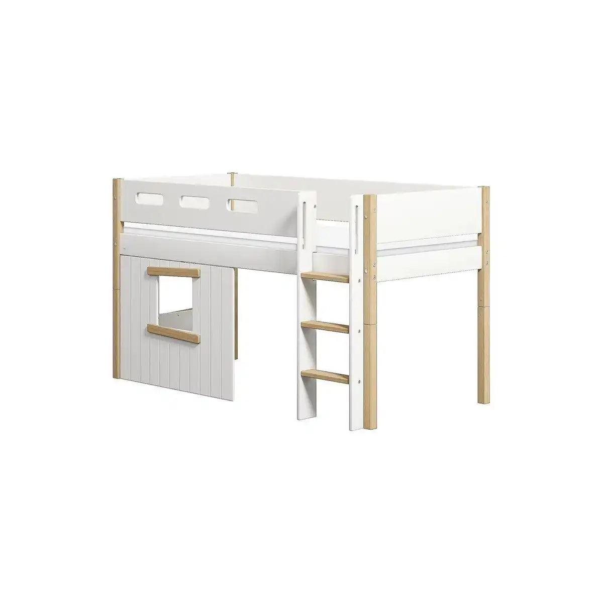 Mittelhohes Bett, str. Leiter- und Baumhaus-Bettfronten, Eichenrahmen - HomeDesign Knaus