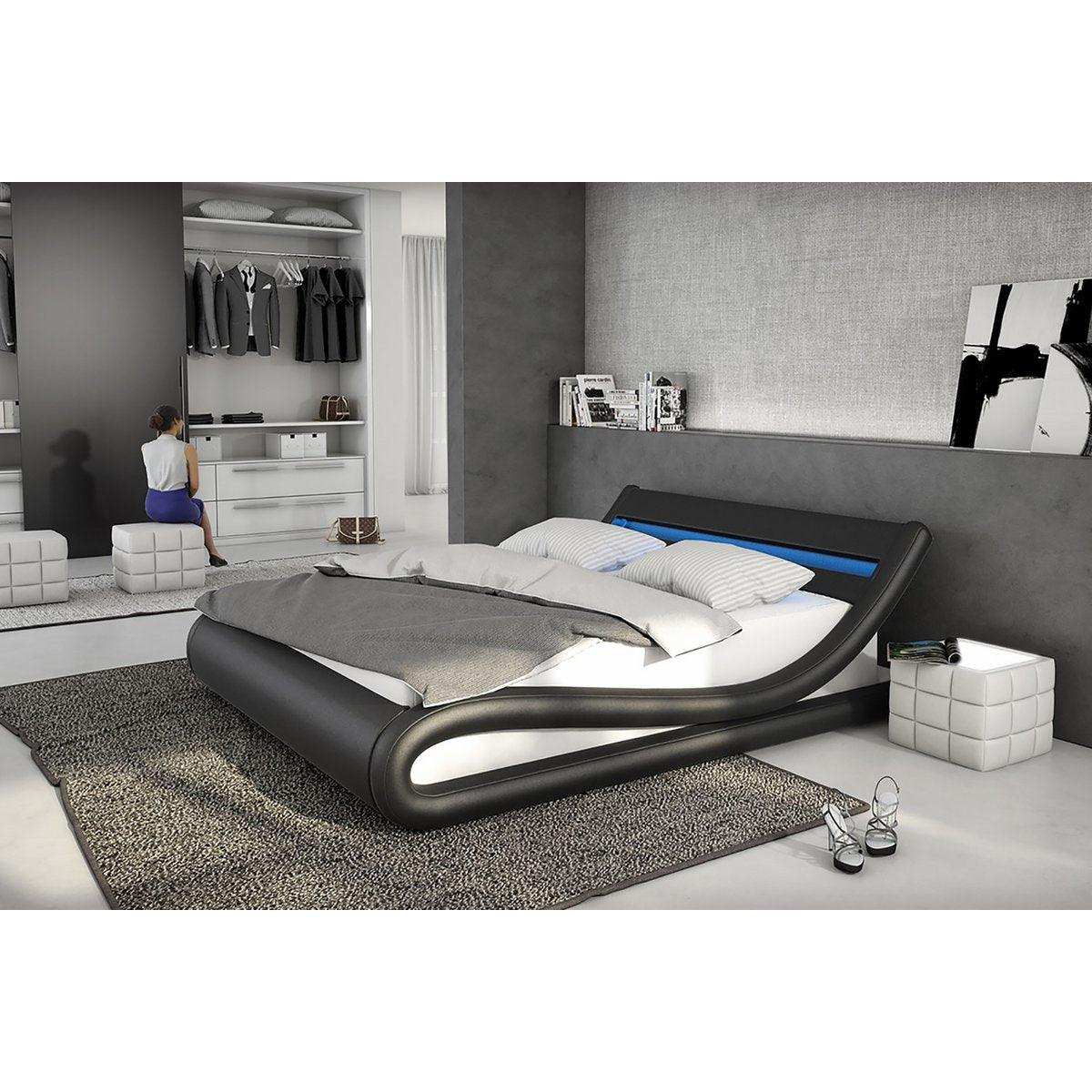 Polsterbett 180x200 cm LED schwarz-weiß Kunstleder-Optik - HomeDesign Knaus