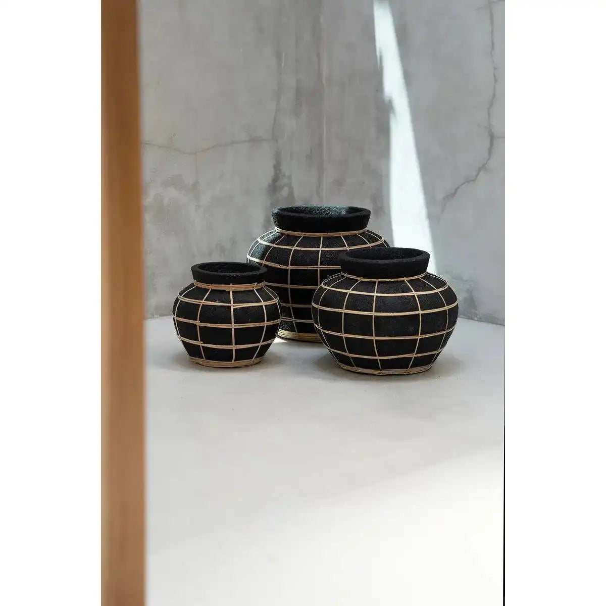 Rattan Beton Bauchvase Natur Handgeflochten - HomeDesign Knaus