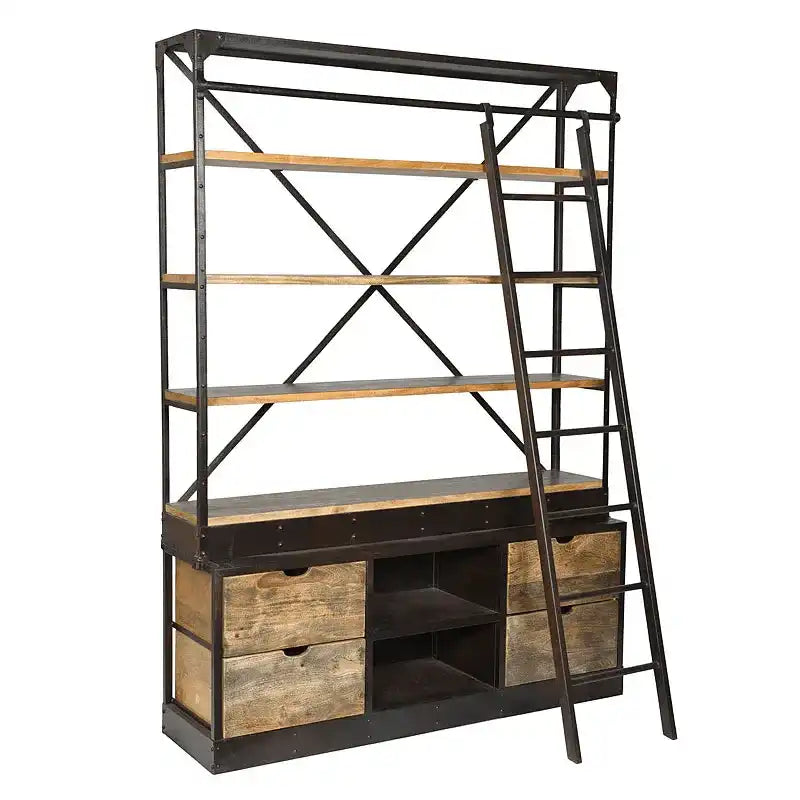 Retro Bücherregal Bedford Handgefertigt Antik Holz Braun mit Schwarzen Gestell - HomeDesign Knaus