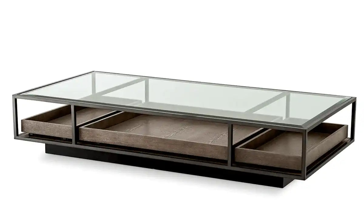 Roxton Couchtisch Bronze Finish klares Glas ausziehbaren Schubladen 180 cm - HomeDesign Knaus