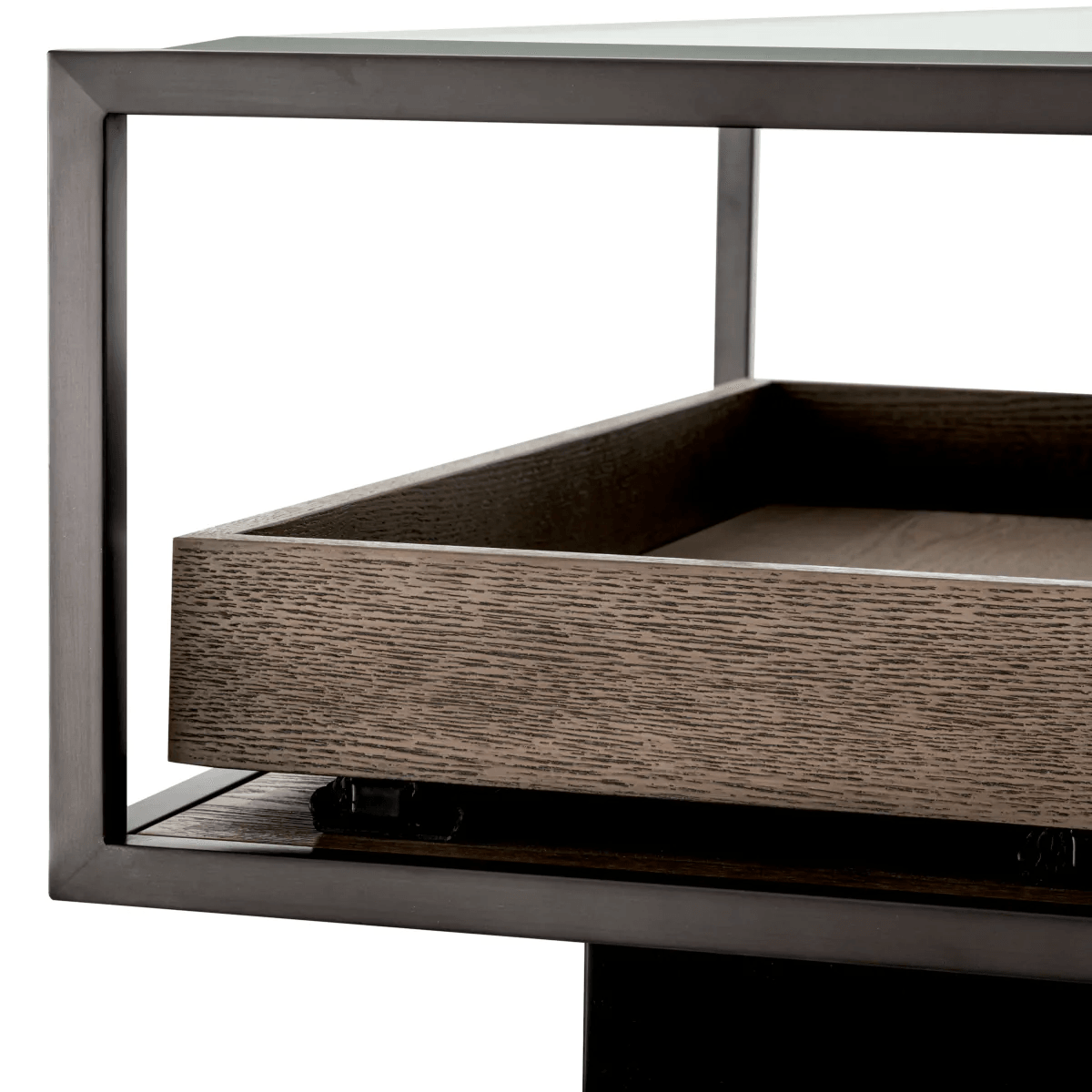 COUCHTISCH ROXTON Bronze-Finish klares Glas graues Furnier mit ausziehbaren Schubladen - HomeDesign Knaus